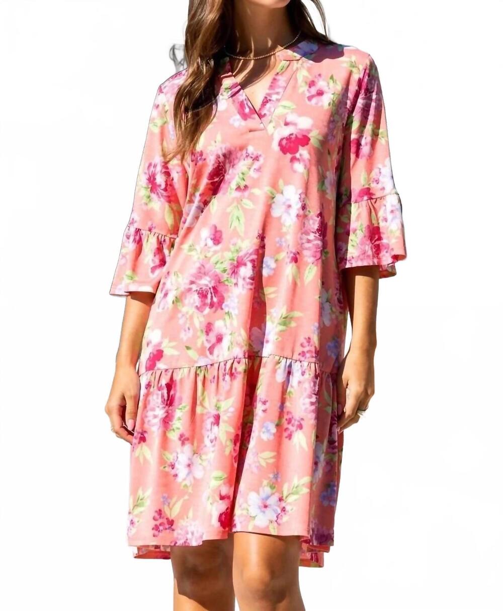 NEW DEAR SCARLETT floral print shirred tiered dress in coral